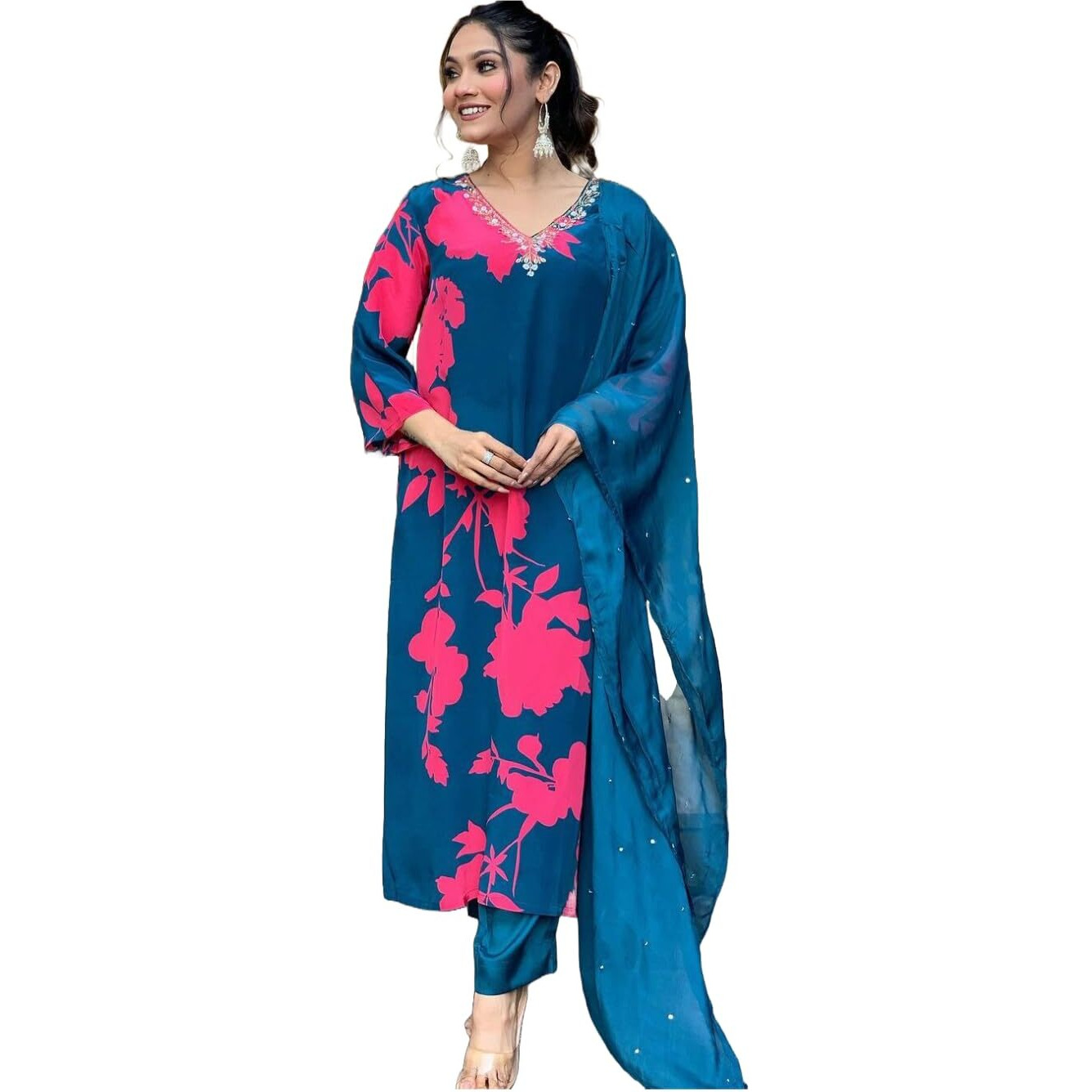 Gosriki Women's Cotton Blend Straight Printed Kurta With Pant & Dupatta (Protin-Cerosin-Gs_S_Blue_Small)