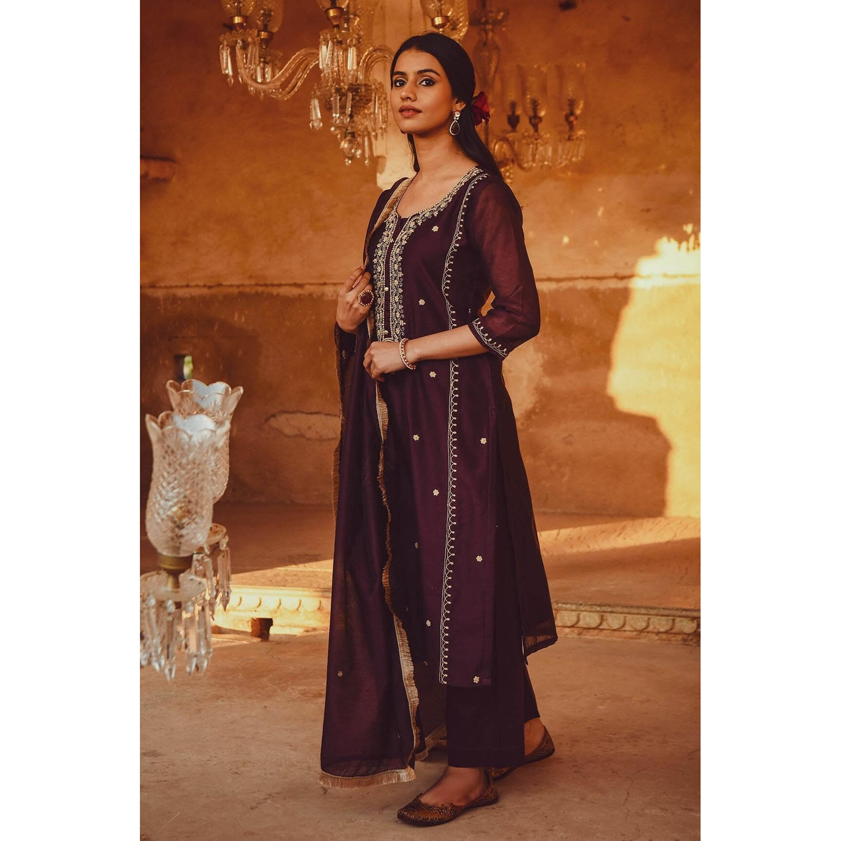 Gosriki Women's Cotton Blend Embroidered Straight Kurta With Pant & Dupatta (Ultra101 Wine-Gs_S_Wine_Small)
