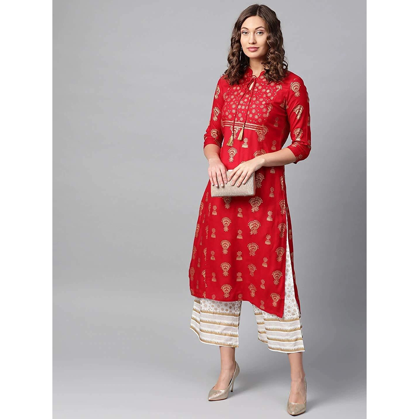 Gosriki Women's Red & Golden Print Straight Kurta Kurta With Palazzo Set(Ankudi Red_M-Go)