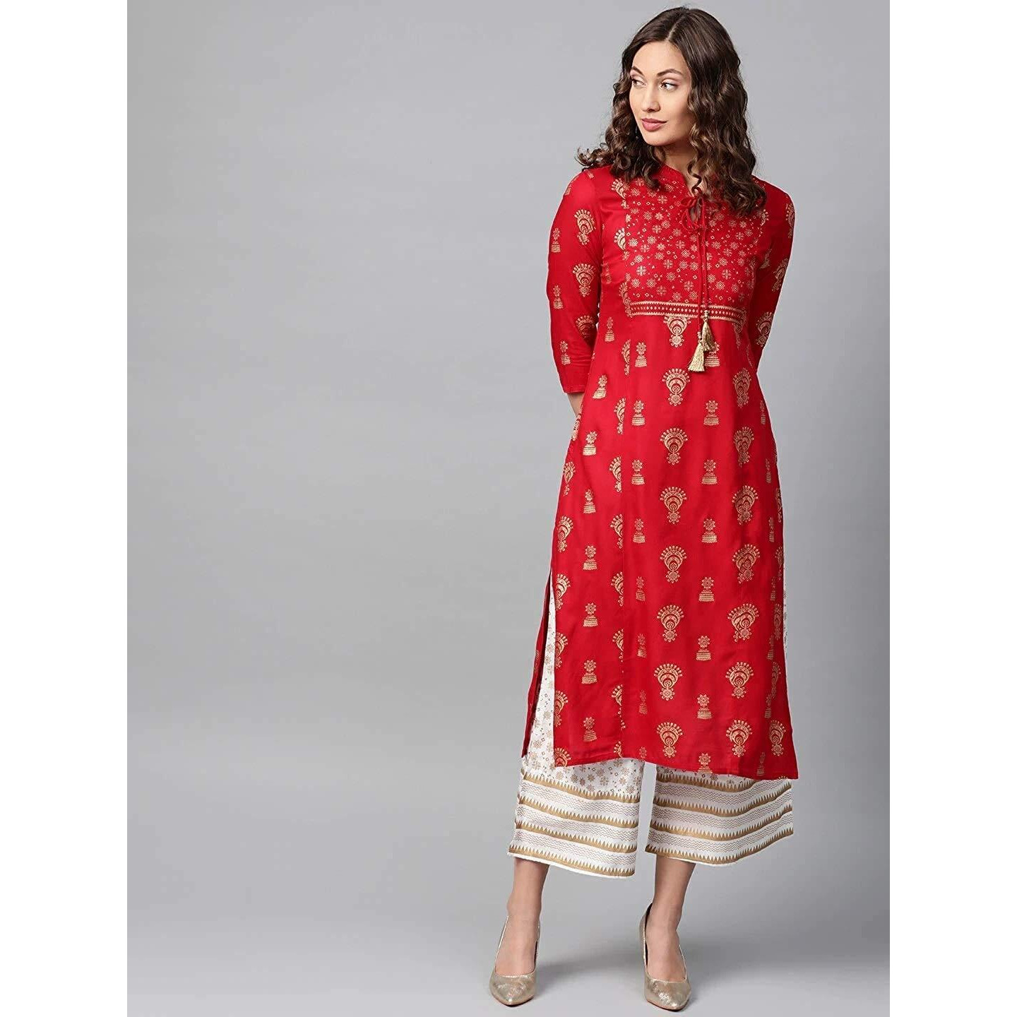 Gosriki Women's Red & Golden Print Straight Kurta Kurta With Palazzo Set(Ankudi Red_M-Go)