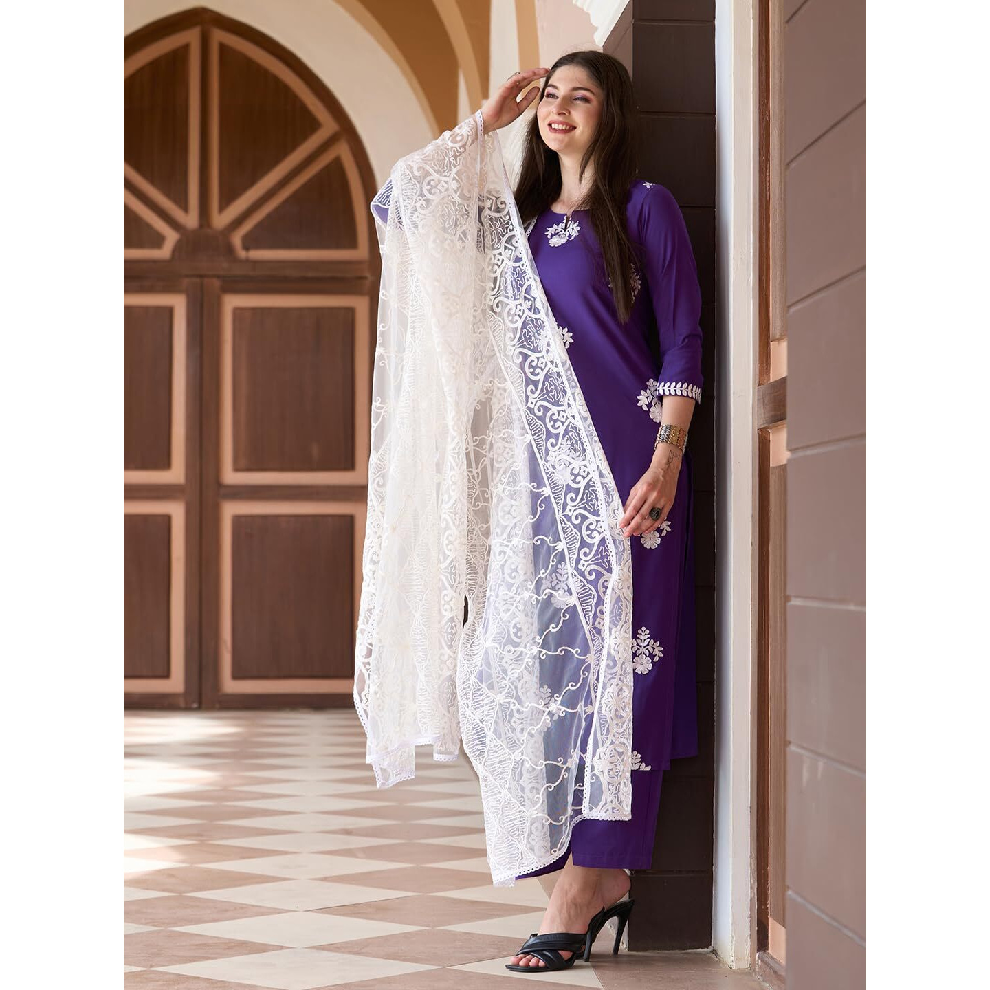 Gosriki Women's Cotton Blend Straight Embroidered Kurta With Palazzo & Dupatta (Ditto Begni-Gs_M_Blue_Medium)