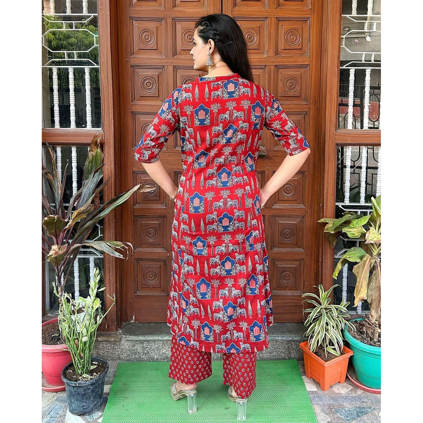 Gosriki Women's Rayon Blend Straight Printed Kurta With Palazzo (Gpw Red-Gs_S_Red_Small)