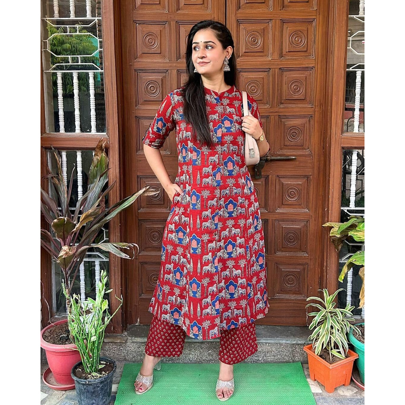 Gosriki Women's Rayon Blend Straight Printed Kurta With Palazzo (Gpw Red-Gs_S_Red_Small)