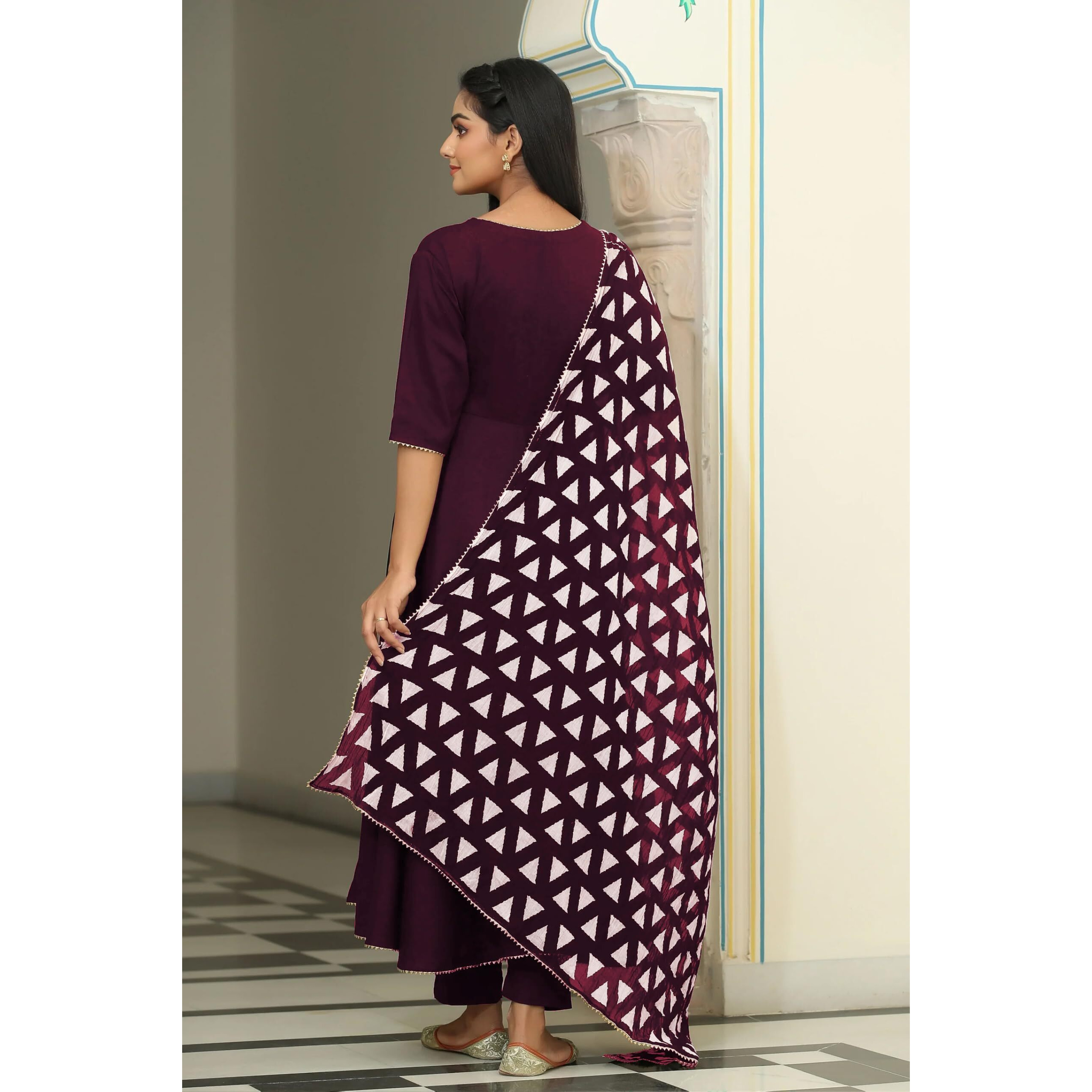 Gosriki Women's Rayon Blend Anarkali Solid Kurta With Pant & Dupatta (Mita Wine-Gs_S_Wine_Small)
