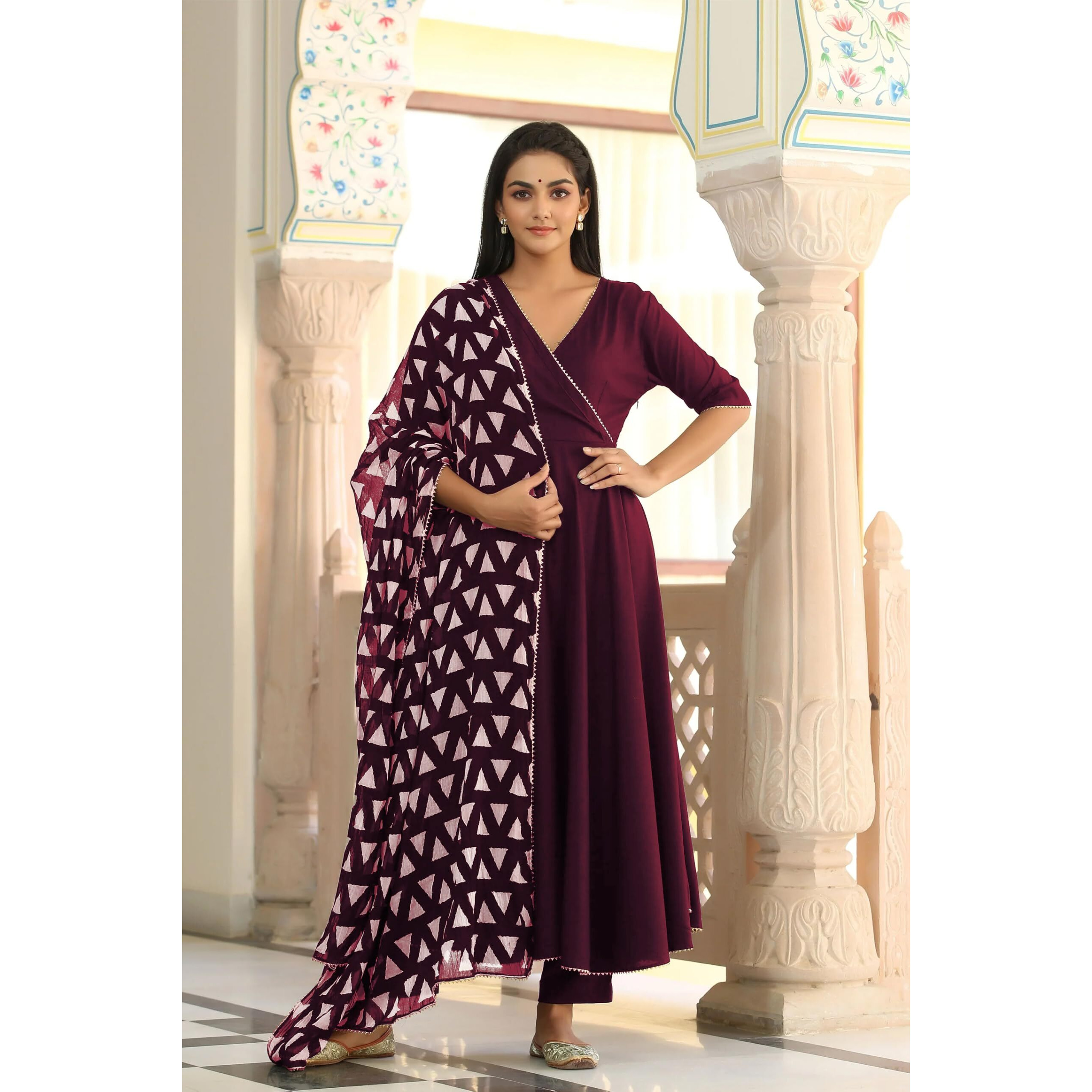 Gosriki Women's Rayon Blend Anarkali Solid Kurta With Pant & Dupatta (Mita Wine-Gs_S_Wine_Small)