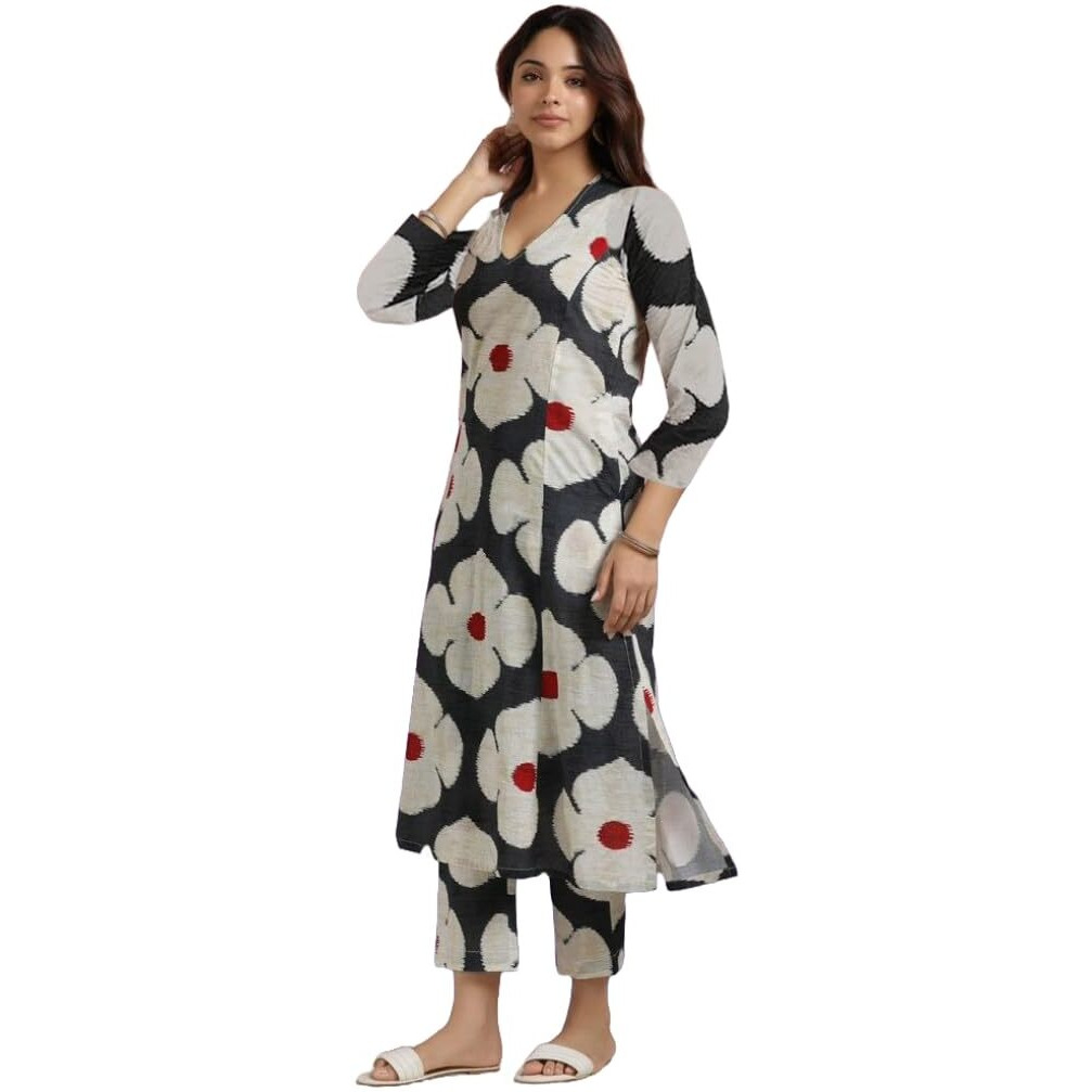 Gosriki Women's Cotton Blend Straight Printed Kurta With Pant (Chunilal White-Gs_M_White_Medium)
