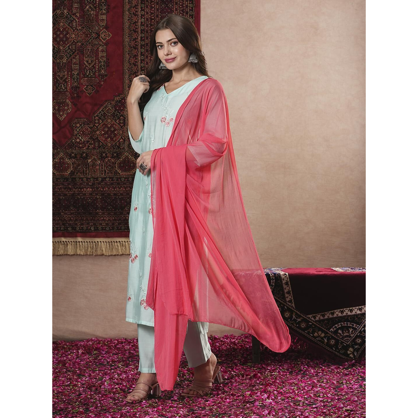 Gosriki Women's Rayon Blend Embroidered Straight Kurta With Pant & Dupatta (Baad Green-Vks07-Gs_L_Green_Large)