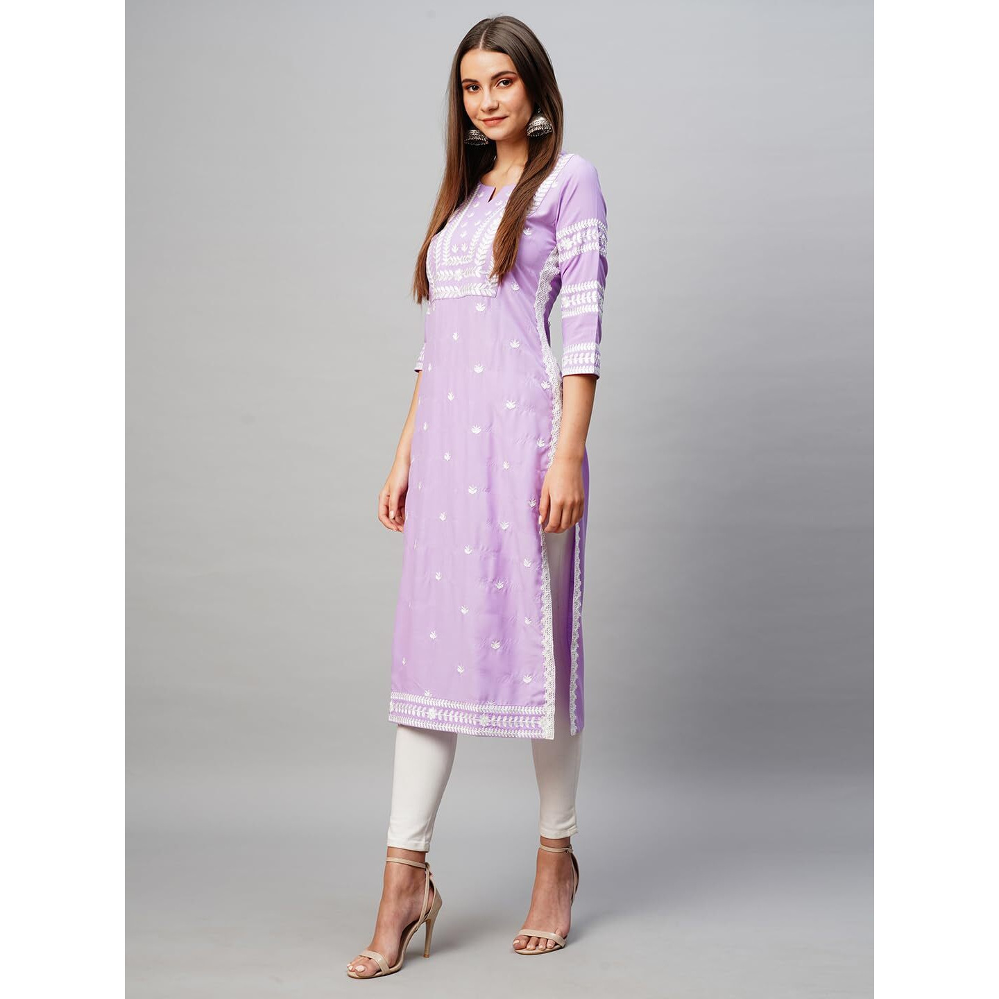 Gosriki Women's Cotton Blend Chikankari Embroidered Straight Kurta (Opt Purple-Gs_Xl_Purple_X-Large)