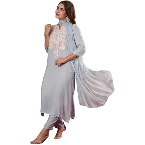 Gosriki Women's Cotton Blend Embroidered Straight Kurta With Pant & Dupatta (Gudali Blue-Vks07-Gs_S_Blue_Small)