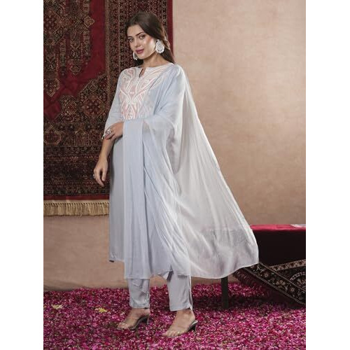 Gosriki Women's Cotton Blend Embroidered Straight Kurta With Pant & Dupatta (Gudali Blue-Vks07-Gs_S_Blue_Small)
