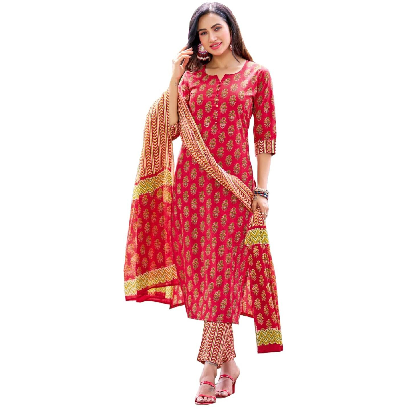 Gosriki Women's Cotton Blend Straight Printed Kurta With Pant & Dupatta (Gaytri Red-Nrw-Gs_M_Red_Medium)