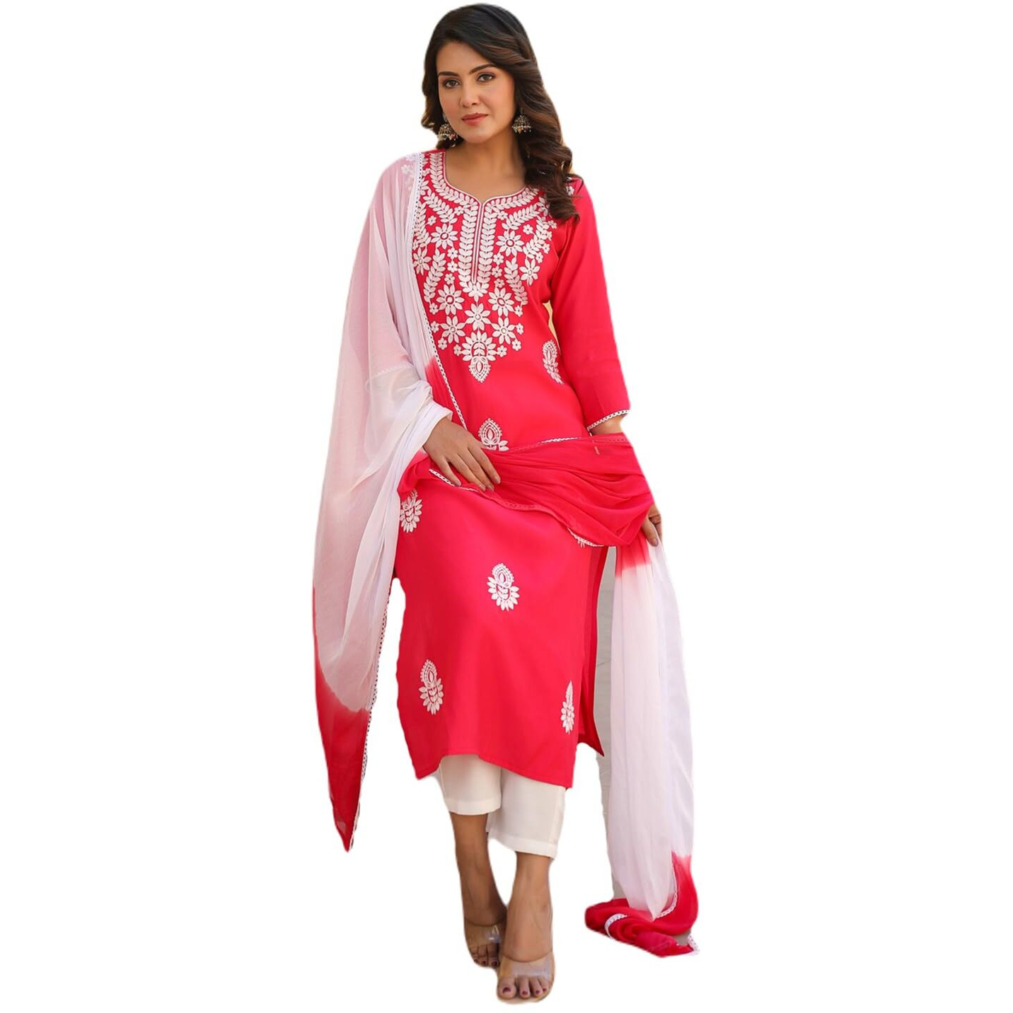 Gosriki Women's Rayon Blend Embroidered Straight Kurta With Pant & Dupatta (Vimurat Pink-Gs_S_Pink_Small)