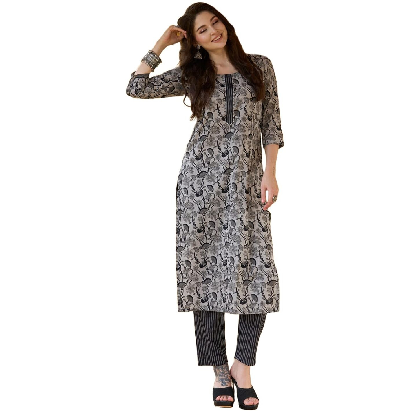 Gosriki Women's Cotton Blend Straight Printed Kurta With Pant (Civil-Grey-Gs_M_Grey_Medium)