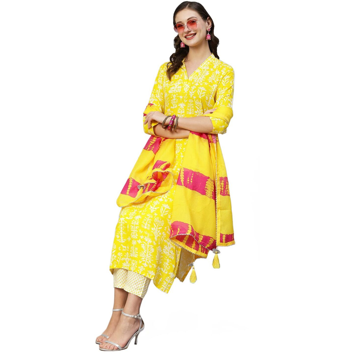 Gosriki Women's Cotton Blend Straight Printed Kurta With Pant & Dupatta (Bagru-Yellow-Tnw-Gs_Xl_Yellow_X-Large)