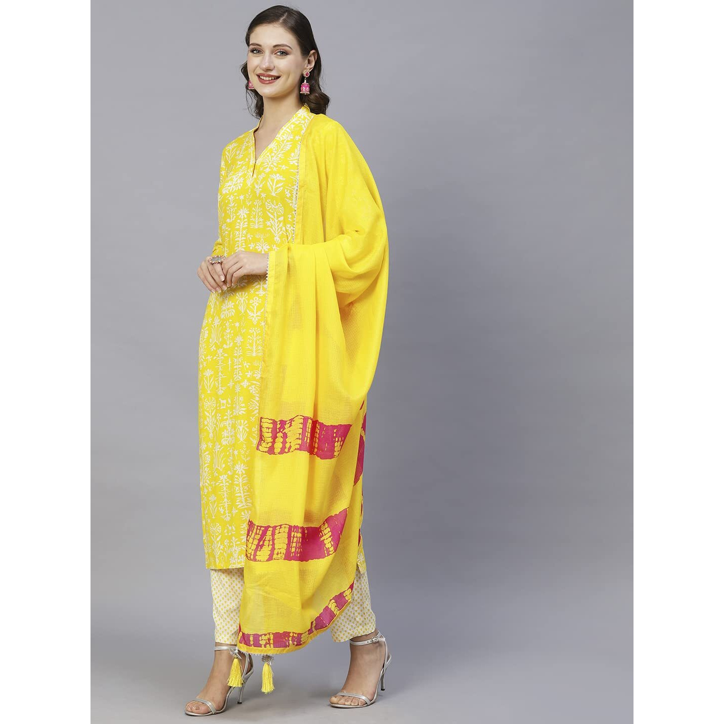 Gosriki Women's Cotton Blend Straight Printed Kurta With Pant & Dupatta (Bagru-Yellow-Tnw-Gs_Xl_Yellow_X-Large)