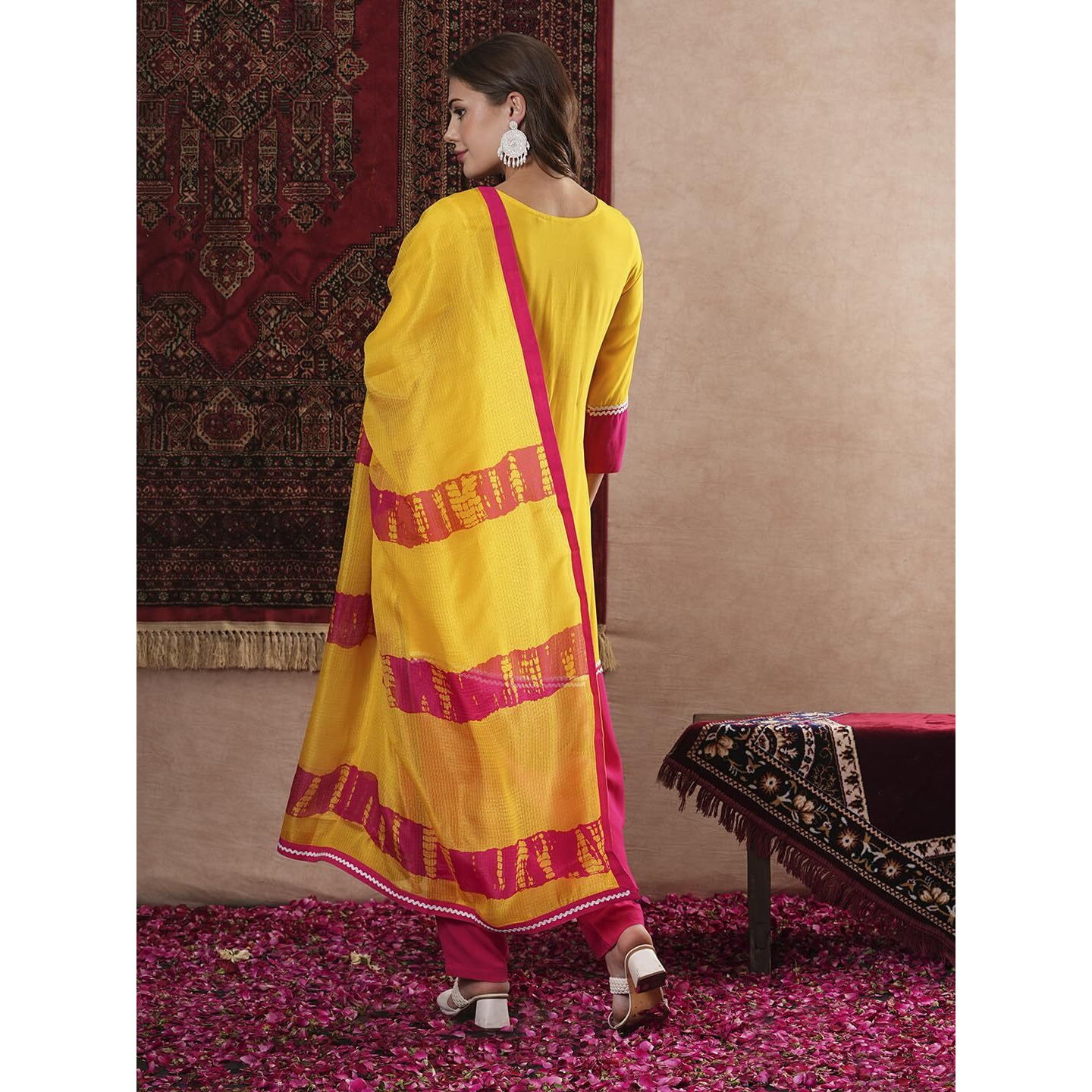 Gosriki Women's Cotton Blend Straight Solid Kurta With Pant & Dupatta (Panai Yellow-Gs_M_Yellow_Medium)