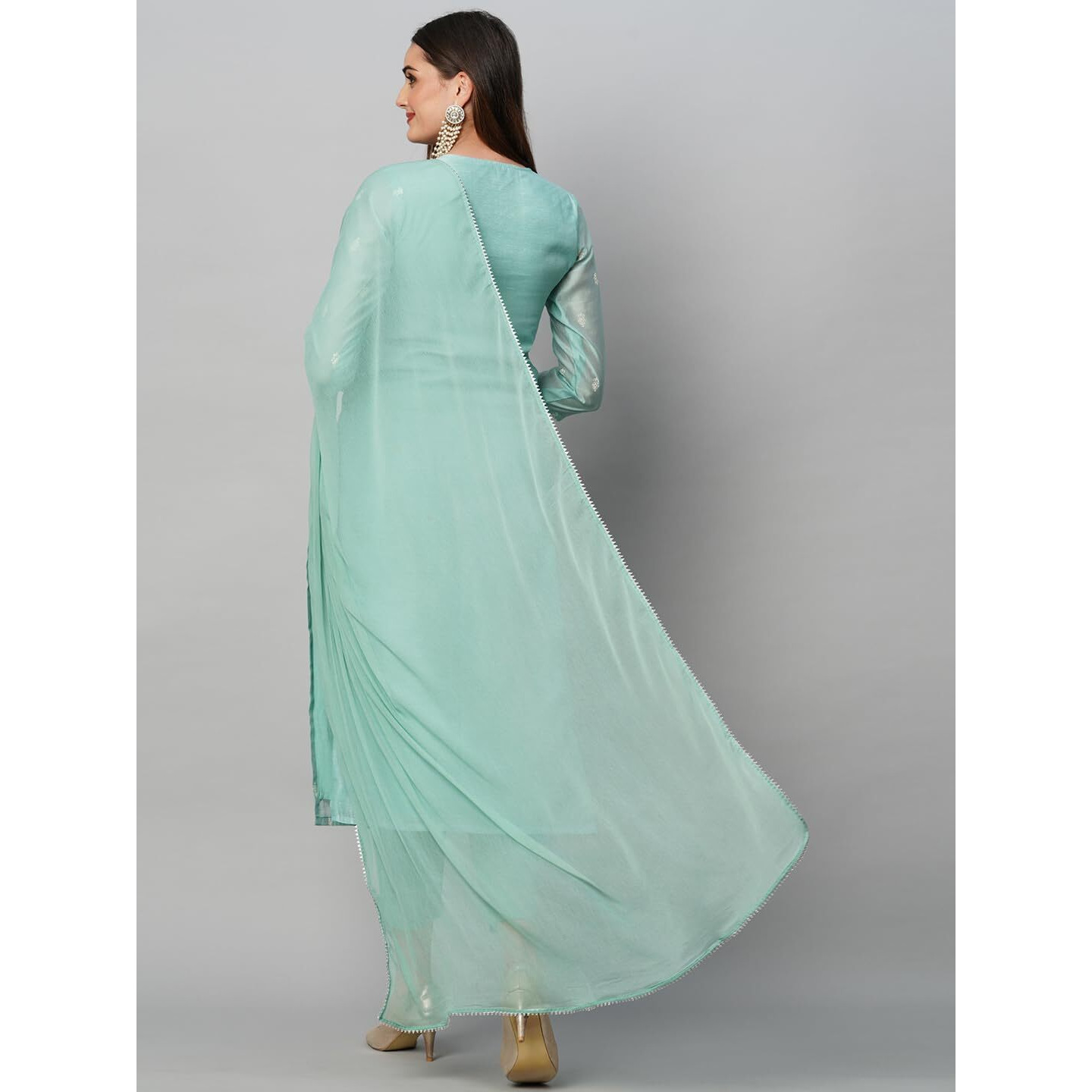 Gosriki Women's Cotton Blend Straight Printed Kurta With Pant & Dupatta (Sawre Pista-Gs_S_Pista_Small)