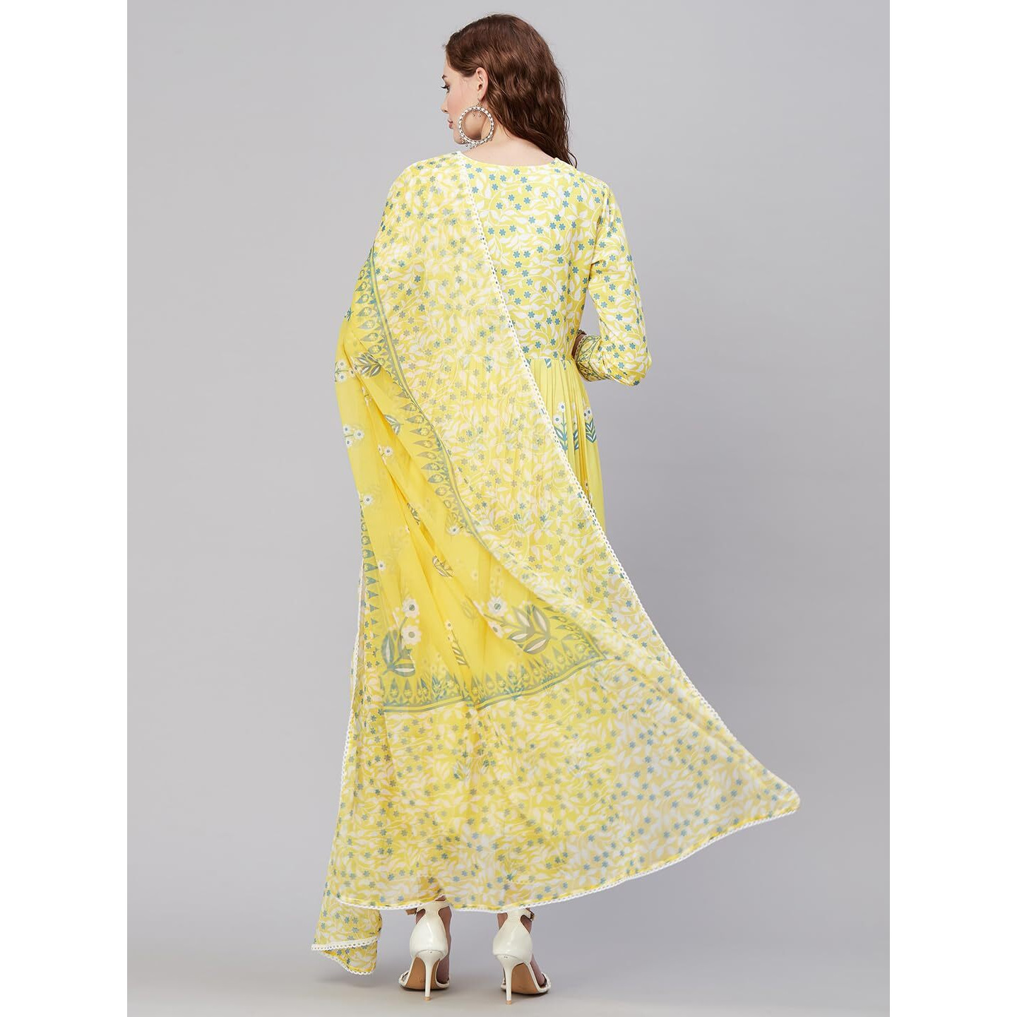 Gosriki Women's Rayon Anarkali Printed Kurta With Pant & Dupatta (Renu-Yellow-Gs_S_Yellow_Small)