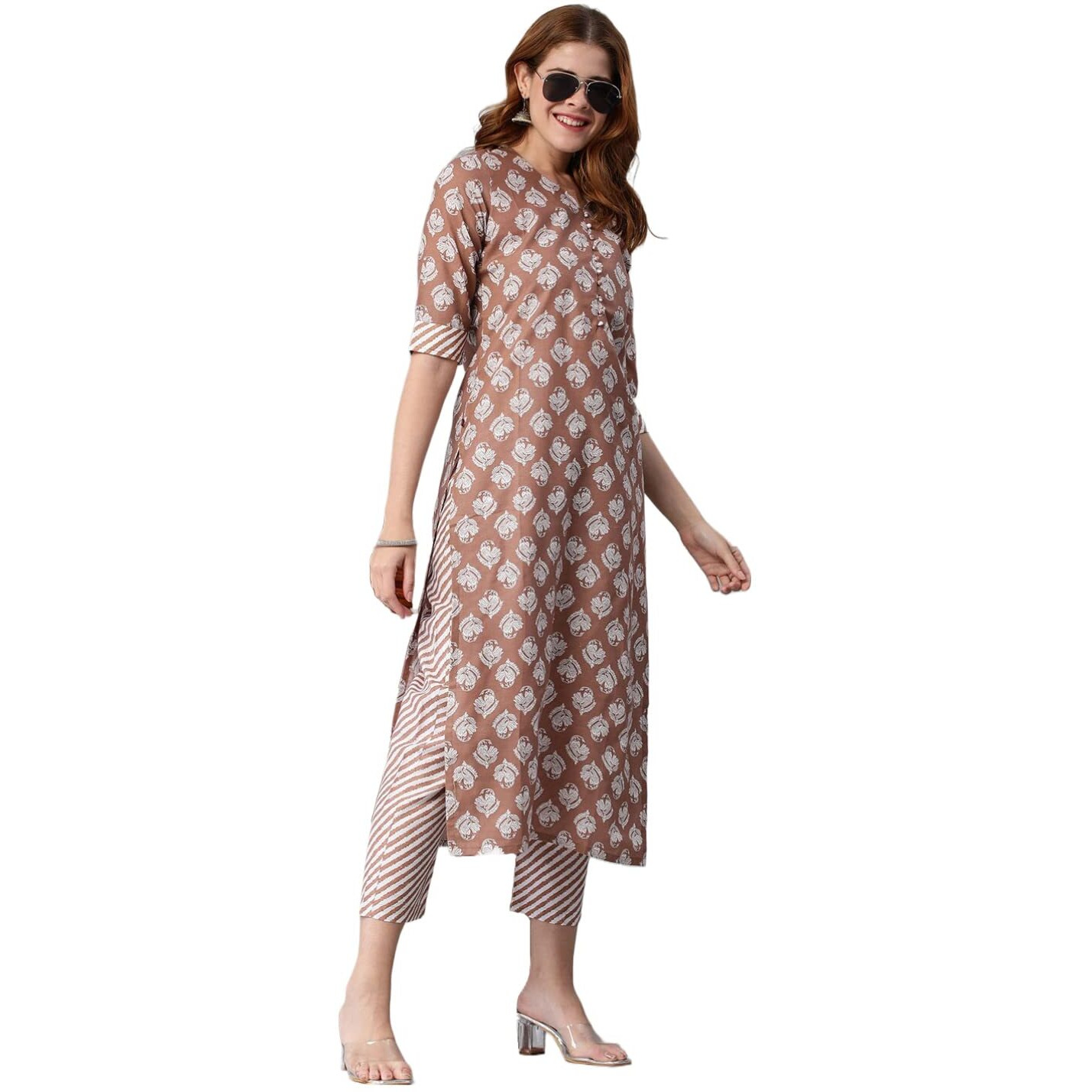 Gosriki Women's Cotton Blend Printed Straight Kurta With Pant (Funnu Brown-Nw5-Gs_Xxl_Brown_Xx-Large)