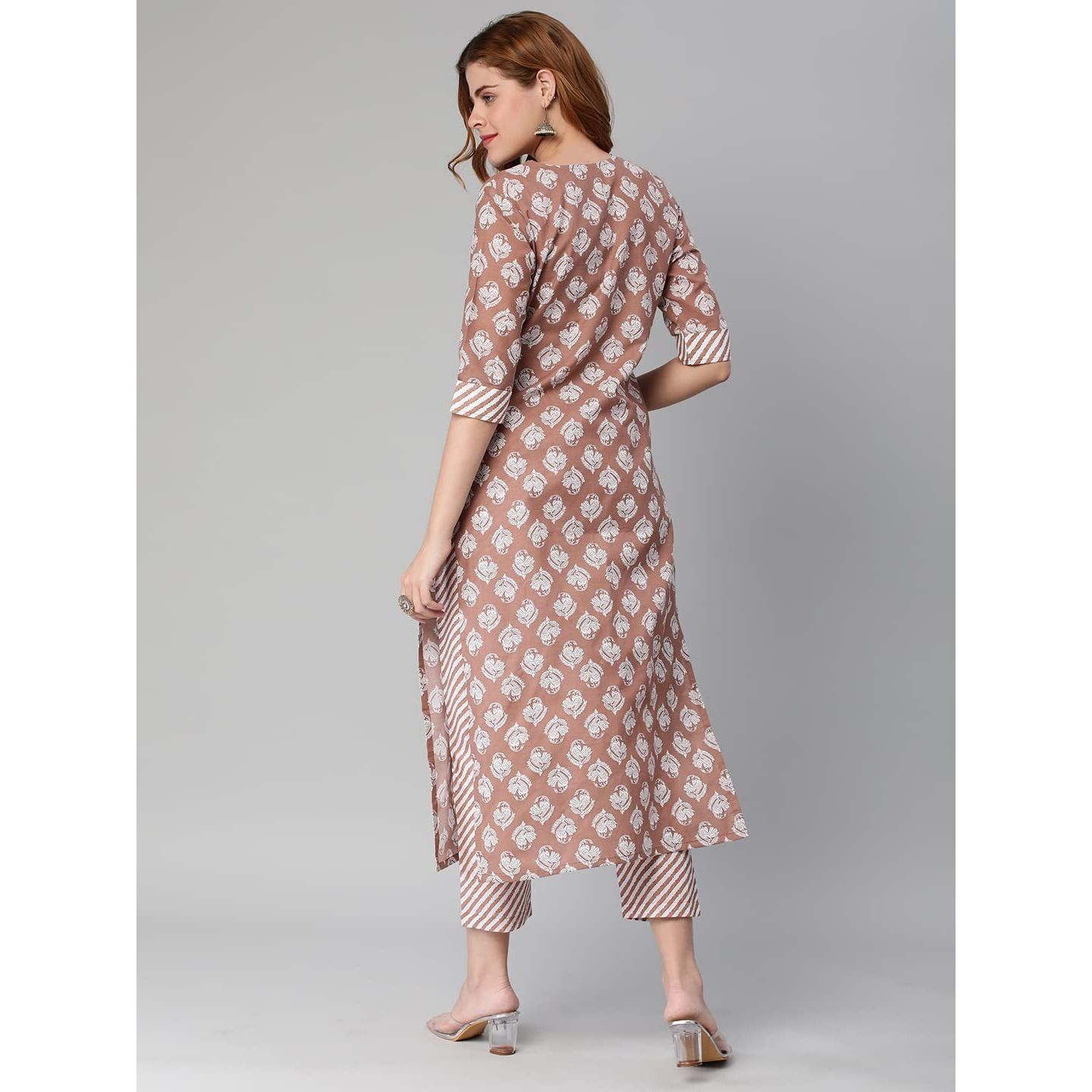 Gosriki Women's Cotton Blend Printed Straight Kurta With Pant (Funnu Brown-Nw5-Gs_Xxl_Brown_Xx-Large)
