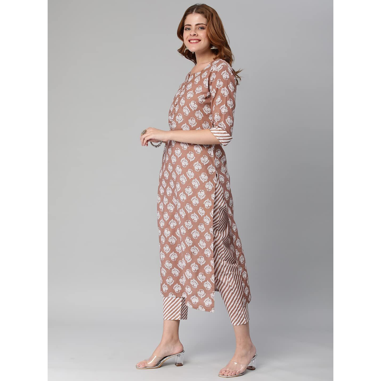 Gosriki Women's Cotton Blend Printed Straight Kurta With Pant (Funnu Brown-Nw5-Gs_Xxl_Brown_Xx-Large)
