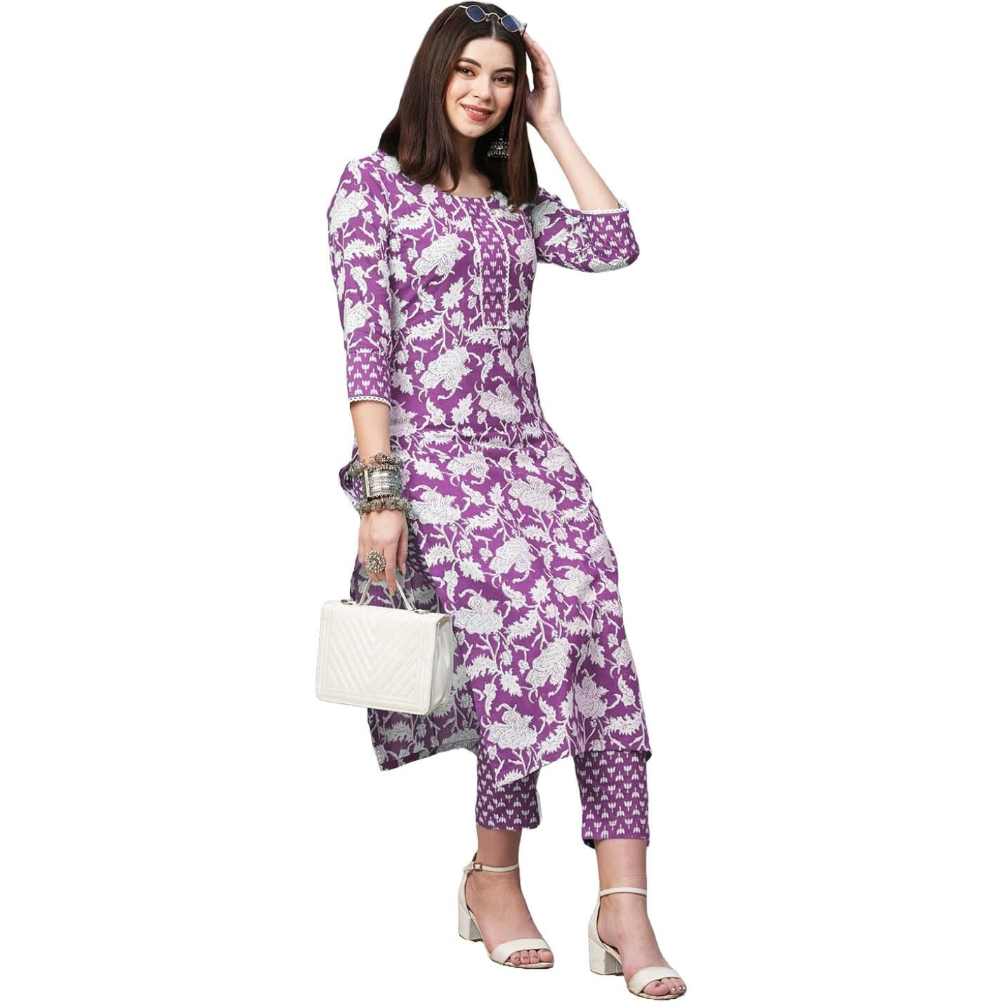 Gosriki Women's Rayon Blend Printed Straight Kurta With Pant (Pustak Begani-Gs_Xl_Begani_X-Large)