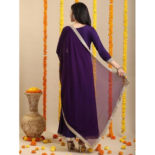 Gosriki Women's Rayon Blend Anarkali Solid Kurta With Pant & Dupatta (Shyam Begani-Vks03-Gs_Xxl_Begani_Xx-Large)