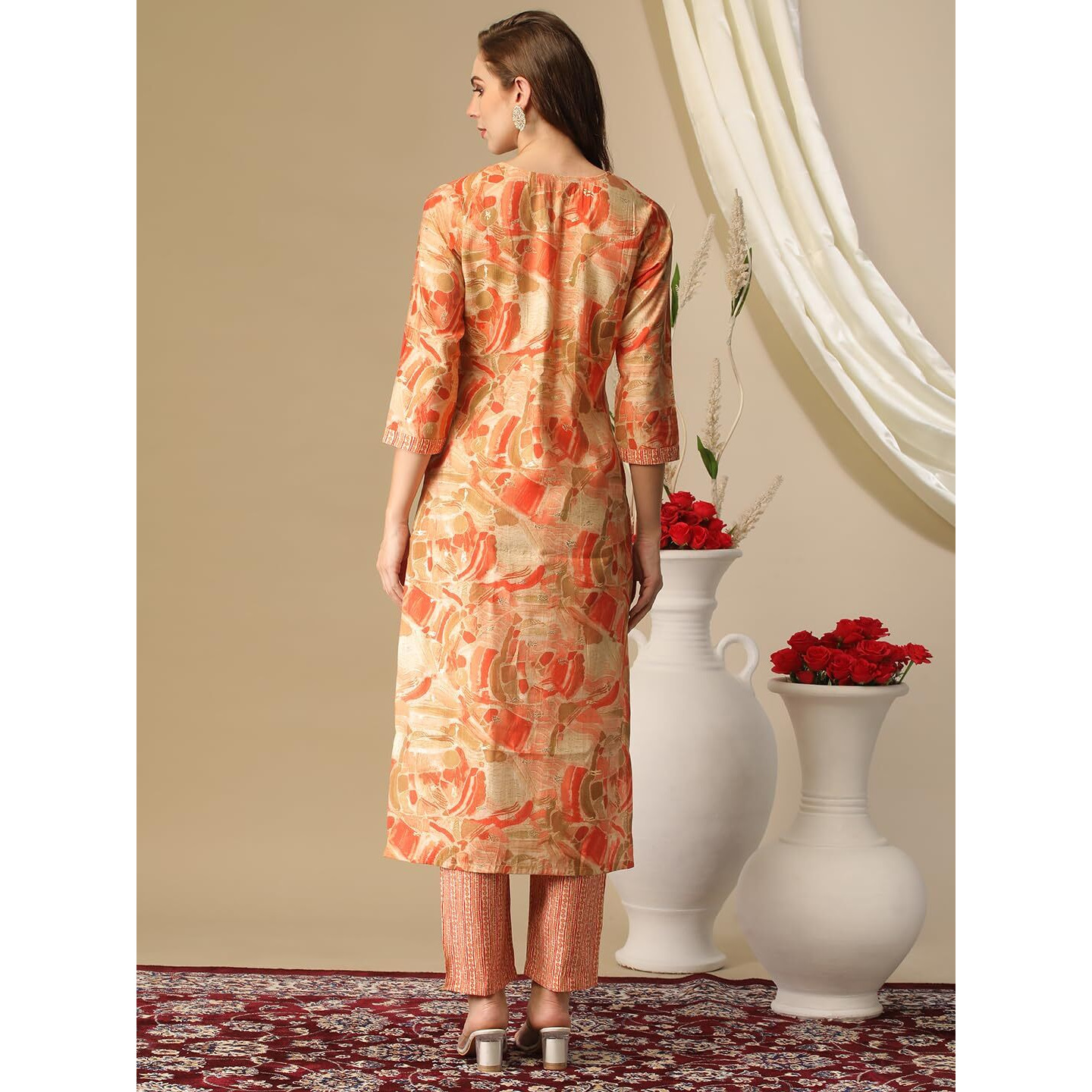 Gosriki Women's Cotton Blend Straight Printed Kurta With Pant (Nissu Orange-Nj-Gs_S_Orange_Small)