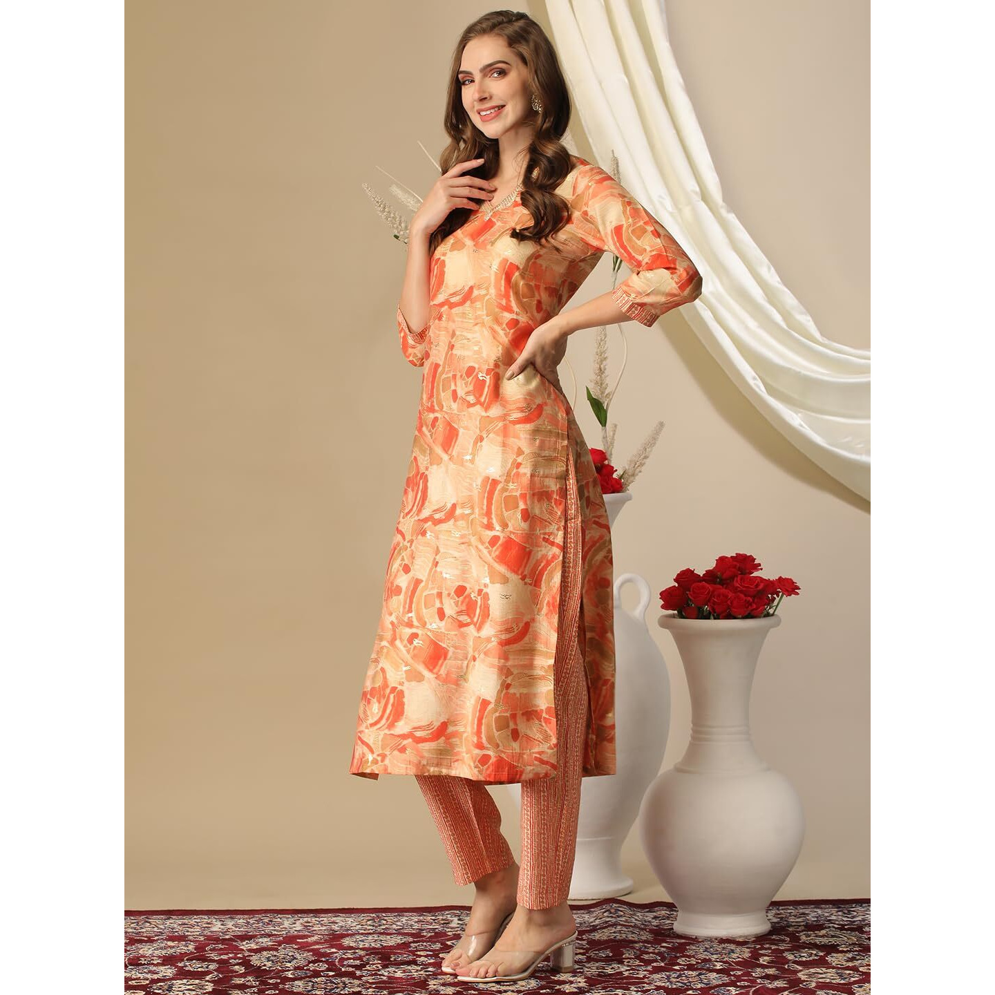 Gosriki Women's Cotton Blend Straight Printed Kurta With Pant (Nissu Orange-Nj-Gs_S_Orange_Small)