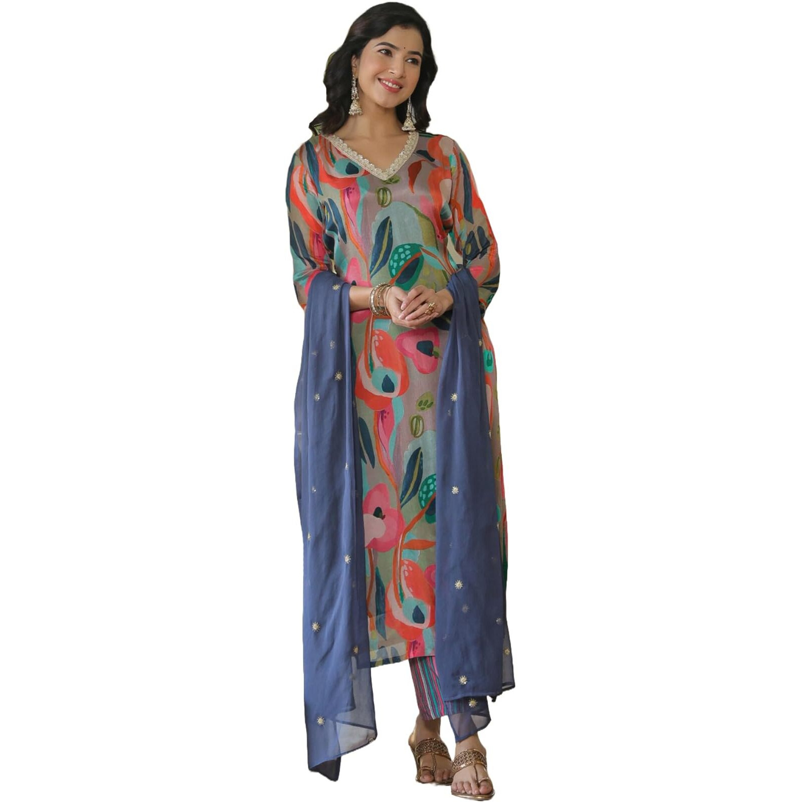 Gosriki Women's Cotton Blend Straight Printed Kurta With Pant & Dupatta (Sukuna Multi-Gs_S_Multi_Small) Multicolour