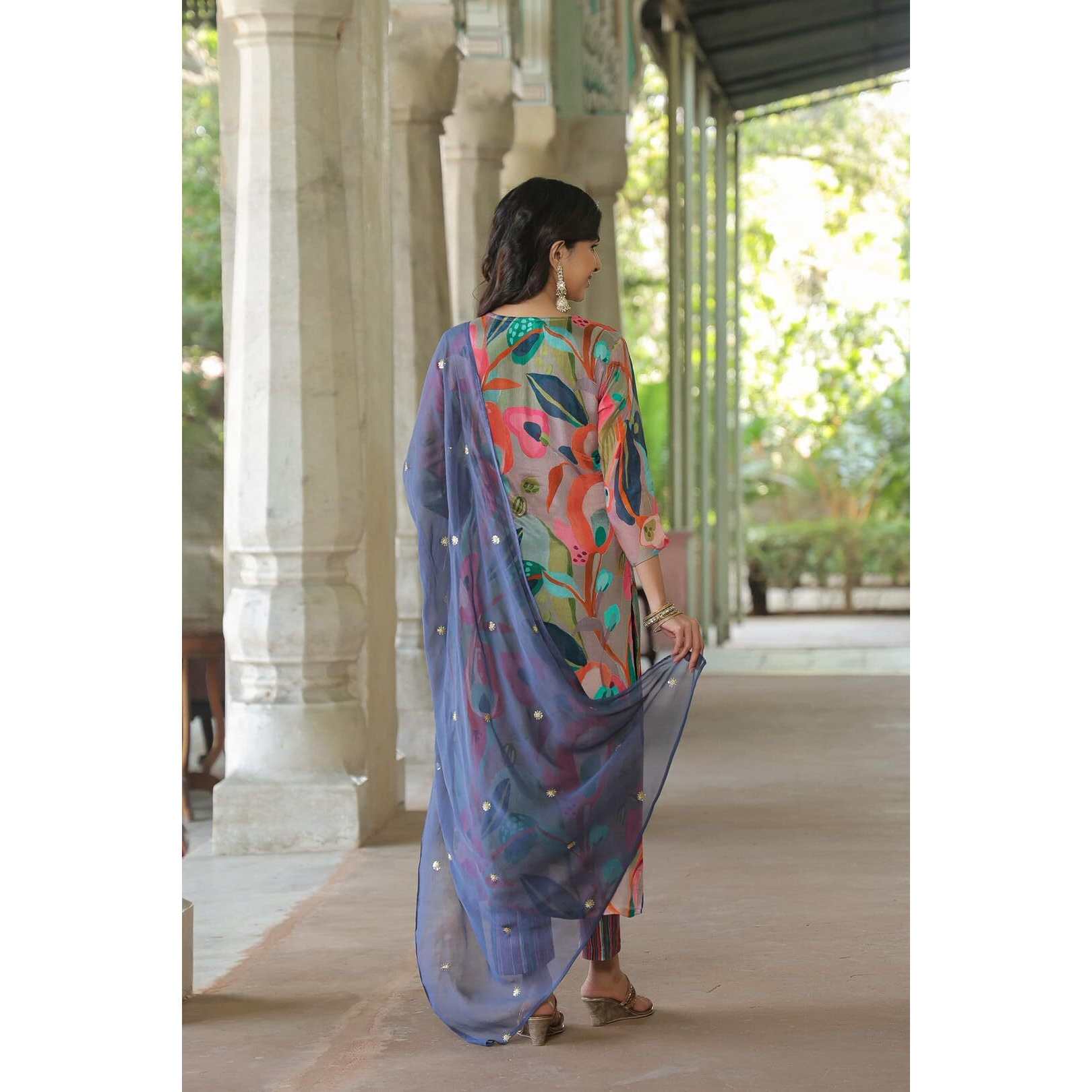Gosriki Women's Cotton Blend Straight Printed Kurta With Pant & Dupatta (Sukuna Multi-Gs_S_Multi_Small) Multicolour