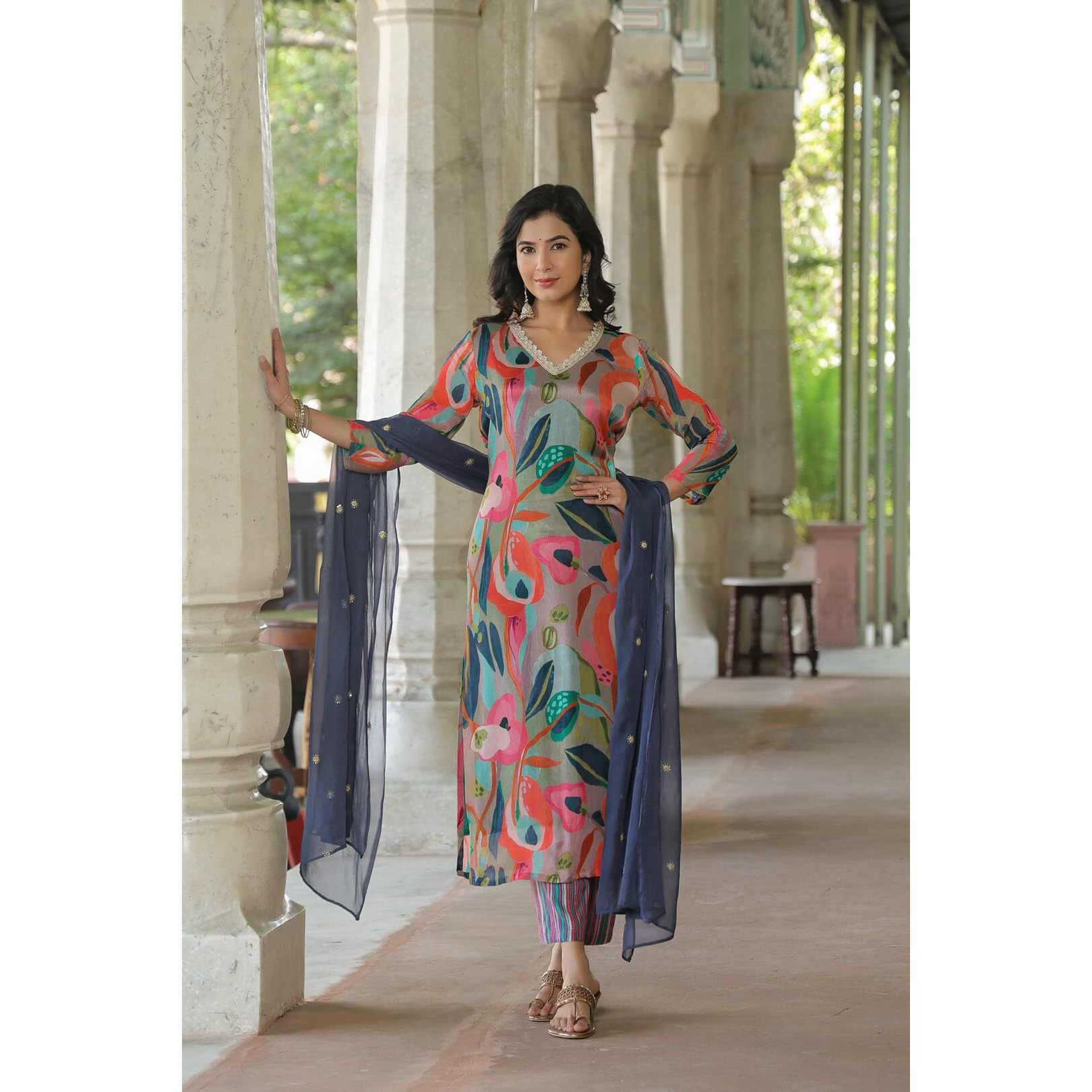 Gosriki Women's Cotton Blend Straight Printed Kurta With Pant & Dupatta (Sukuna Multi-Gs_S_Multi_Small) Multicolour