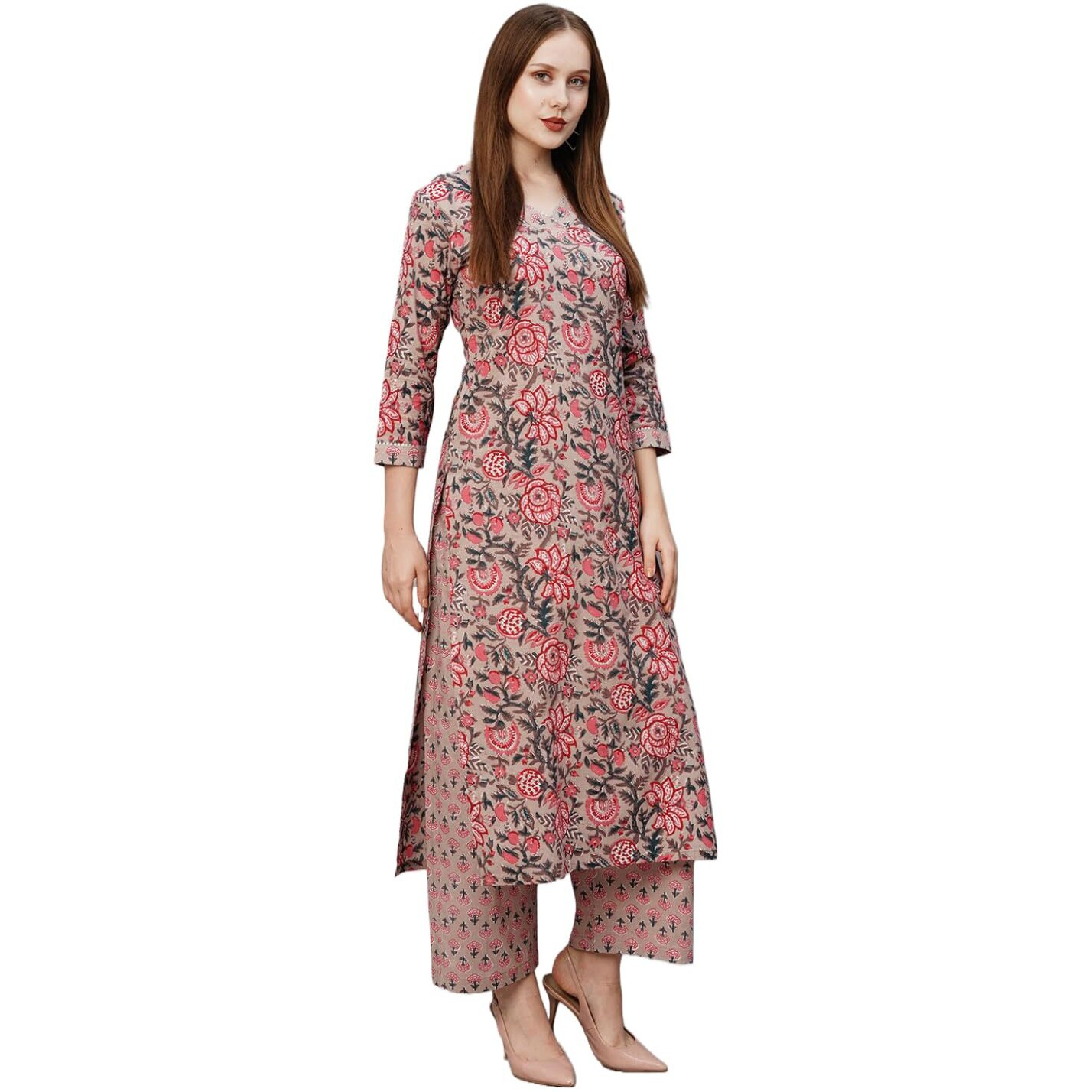 Gosriki Women's Cotton Blend Printed Straight Kurta With Pant (Rohila Peach-Gs_M_Peach_Medium)