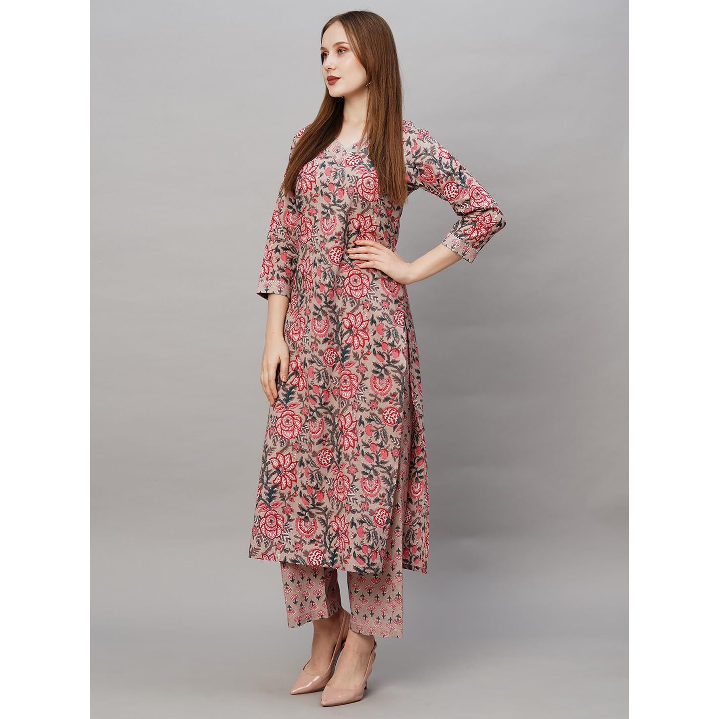 Gosriki Women's Cotton Blend Printed Straight Kurta With Pant (Rohila Peach-Gs_M_Peach_Medium)