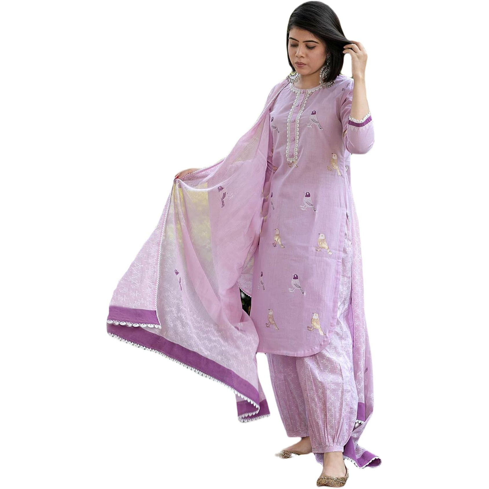 Gosriki Women's Rayon Blend Hand Block Printed Straight Kurta With Pant & Dupatta (Ragsri-Purple-Nw-Gs_L_Purple_Large)