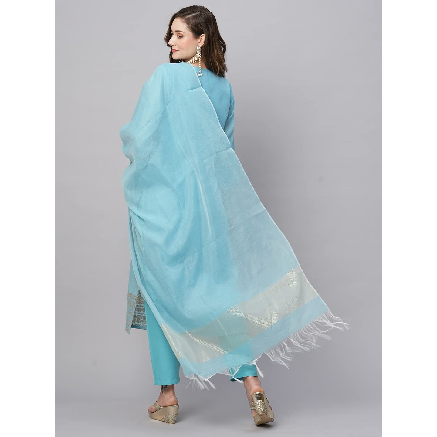 Gosriki Women's Organza Straight Solid Kurta With Pant & Dupatta (Lahar-Firozi-Gs_Xl_Sky Blue_X-Large)