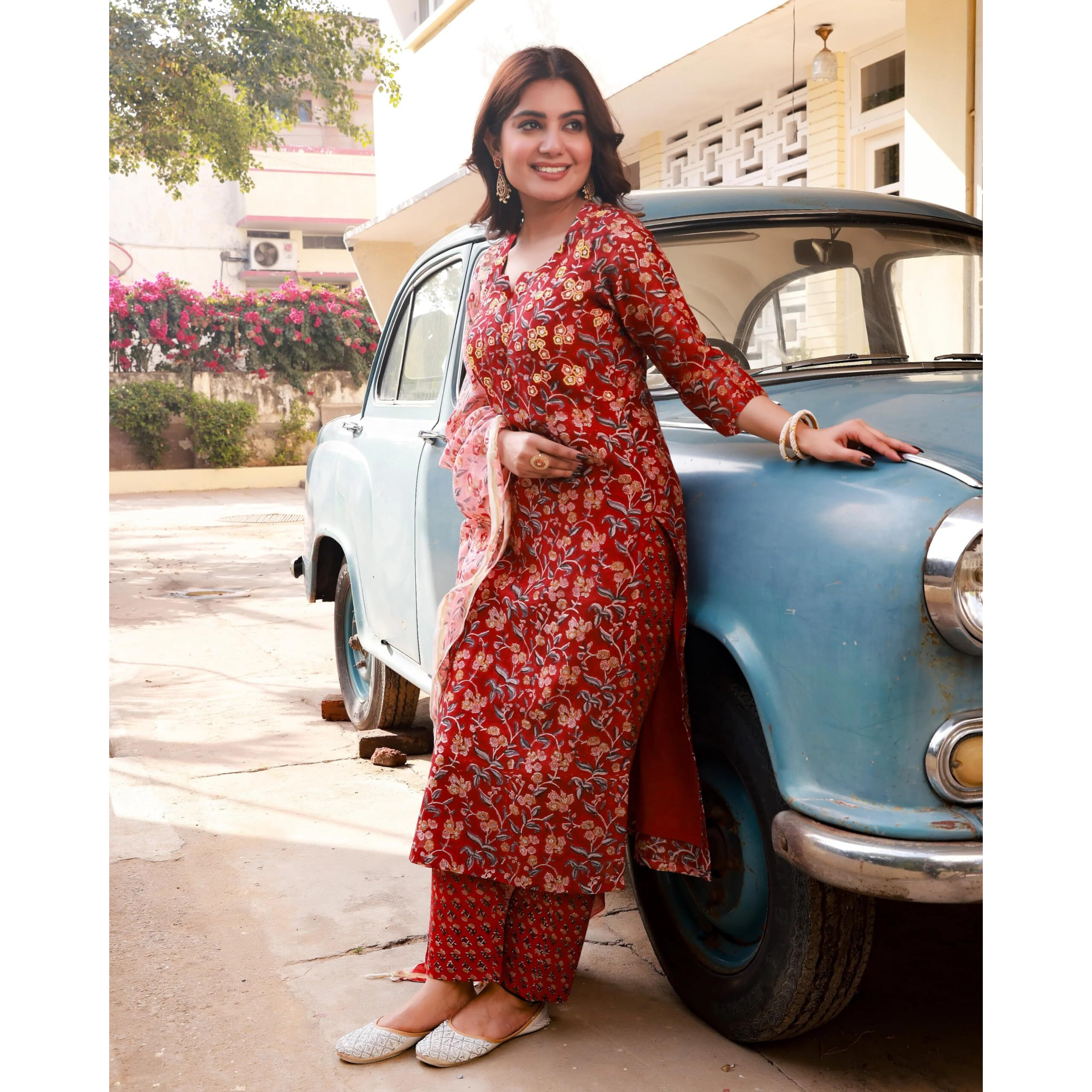 Gosriki Women's Cotton Blend Straight Printed Kurta With Pant & Dupatta (Ja Gadi Red-Nw-Gs_Xl_Blue_X-Large)