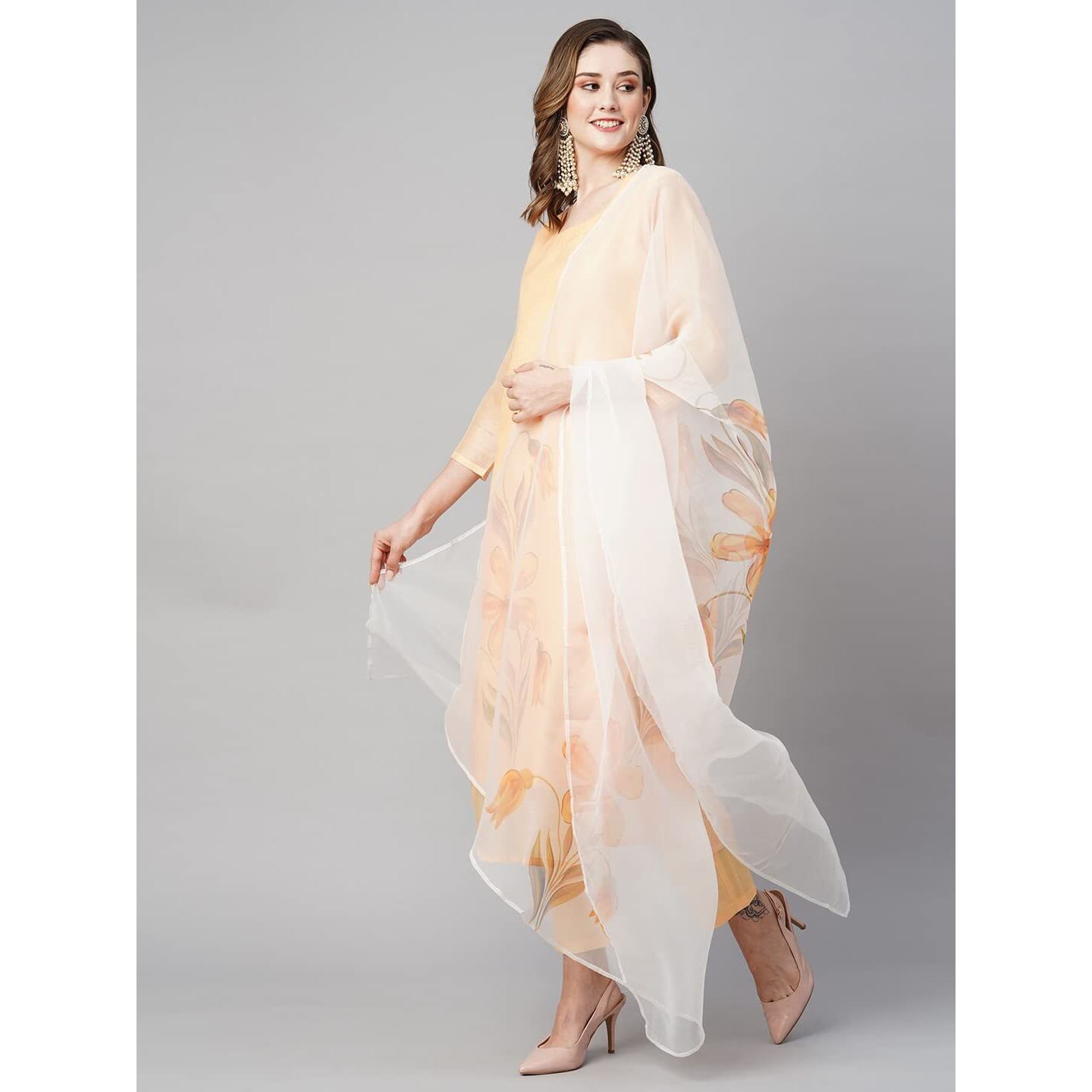 Gosriki Women's Chanderi Cotton Straight Printed Kurta With Pant & Dupatta (Falak Cream-Nw-Gs_4Xl_Cream_Xxxx-Large)