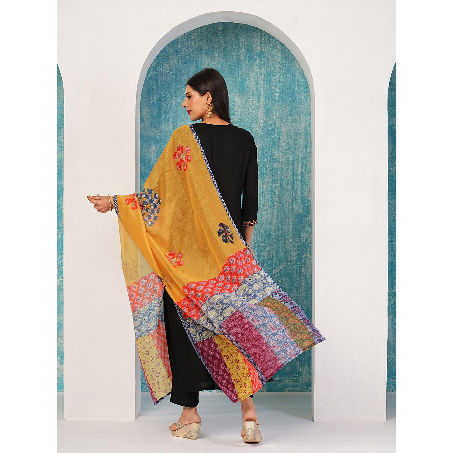 Gosriki Women's Cotton Blend Embroidered Straight Kurta With Pant & Dupatta (Fronx Black-Nw-Gs_M_Black_Medium)