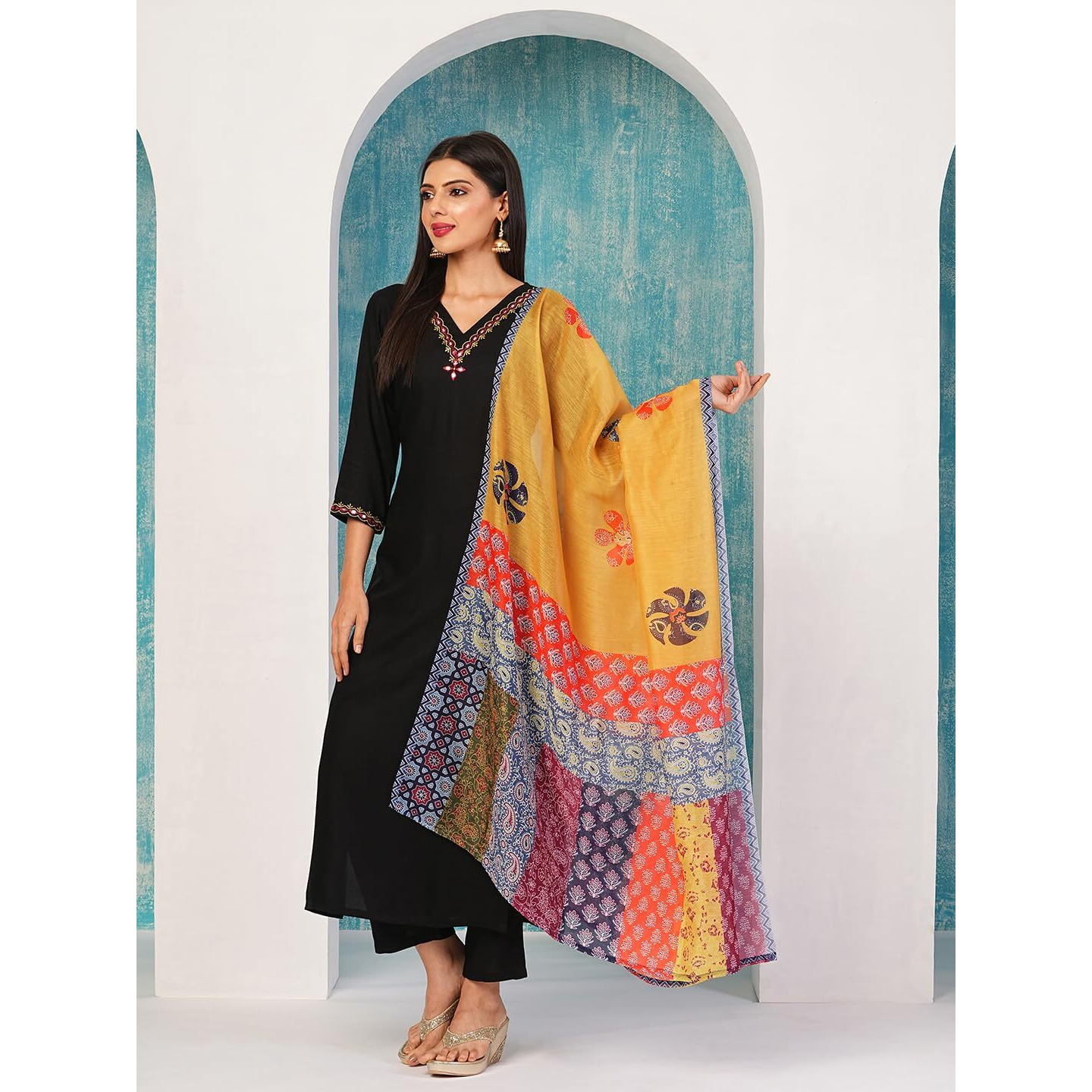 Gosriki Women's Cotton Blend Embroidered Straight Kurta With Pant & Dupatta (Fronx Black-Nw-Gs_M_Black_Medium)