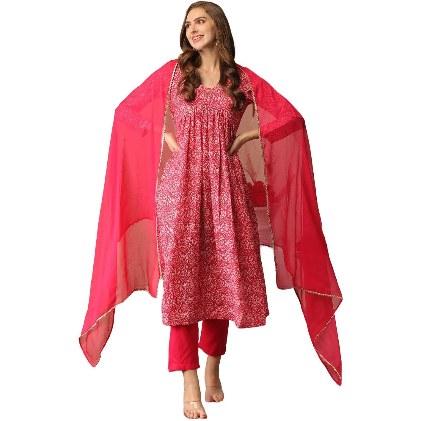 Gosriki Women's Cotton Blend Printed Straight Kurta With Pant & Dupatta (Manchali-Rani-Nw-Gs_Xxl_Pink_Xx-Large)