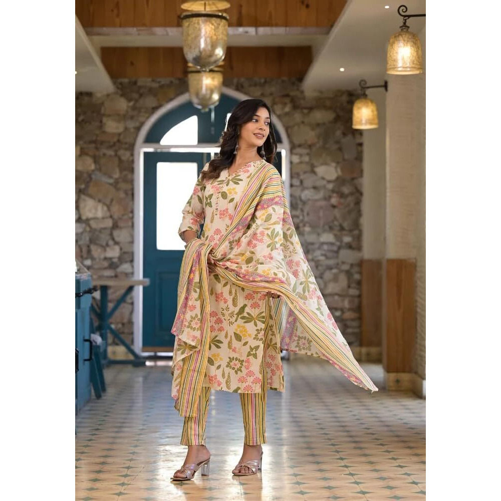 Gosriki Women's Cotton Blend Printed Straight Kurta With Pant & Dupatta (Kumud Cream-Nw-Gs_Xl_Cream_X-Large)