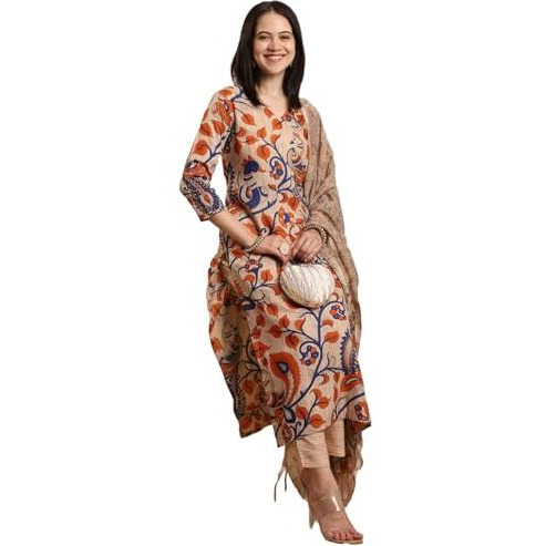 Gosriki Women's Rayon Blend Printed Straight Kurta With Pant & Dupatta (Kalam Chiku-Vks02-Gs_Xl_Beige_X-Large)