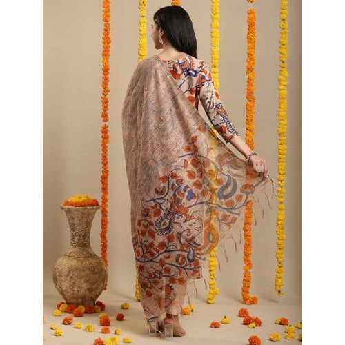 Gosriki Women's Rayon Blend Printed Straight Kurta With Pant & Dupatta (Kalam Chiku-Vks02-Gs_Xl_Beige_X-Large)