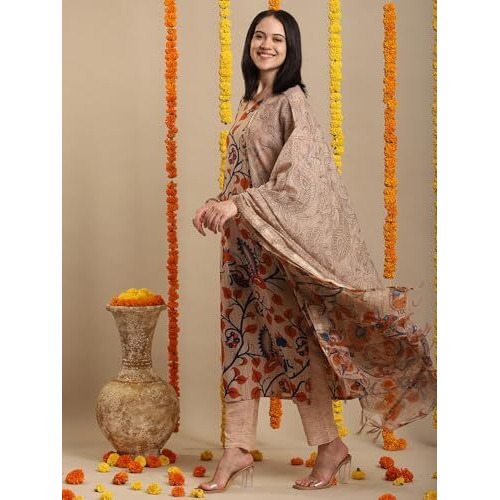 Gosriki Women's Rayon Blend Printed Straight Kurta With Pant & Dupatta (Kalam Chiku-Vks02-Gs_Xl_Beige_X-Large)