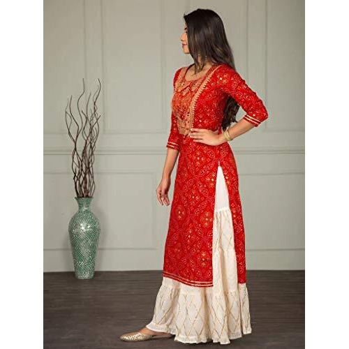 Gosriki Women's Red Color Rayon Straight Kurti Plazzo Dupatta Set (Molly Red_M)