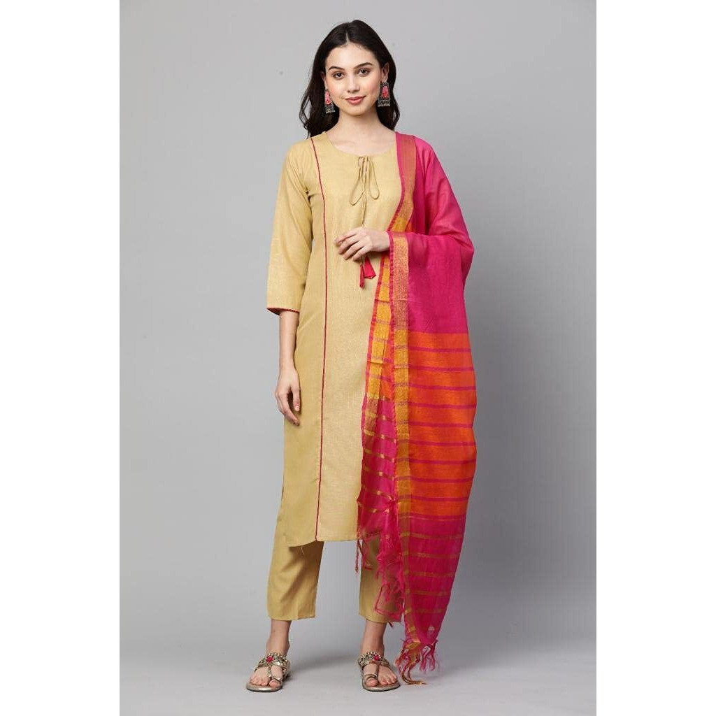 Gosriki Women's Cotton Straight Kurta With Pant & Dupatta (Karnivel-Beige_S-Go_Beige_Small)