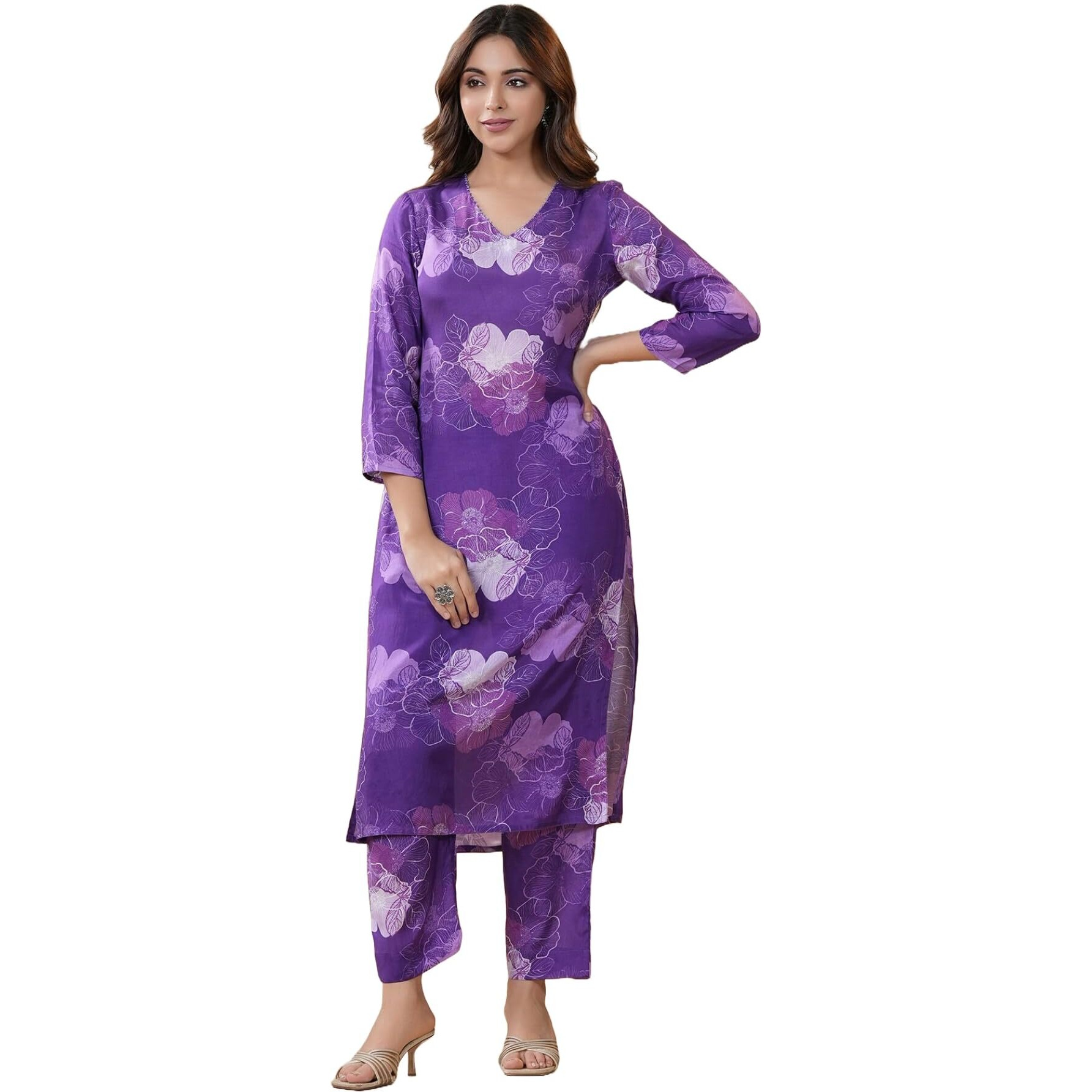 Gosriki Women's Cotton Blend Straight Printed Co-Ord Set (710 Violet-Gs_M_Purple_Medium)
