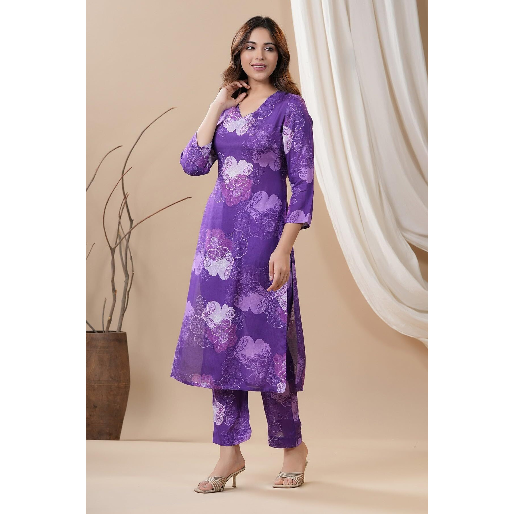 Gosriki Women's Cotton Blend Straight Printed Co-Ord Set (710 Violet-Gs_M_Purple_Medium)