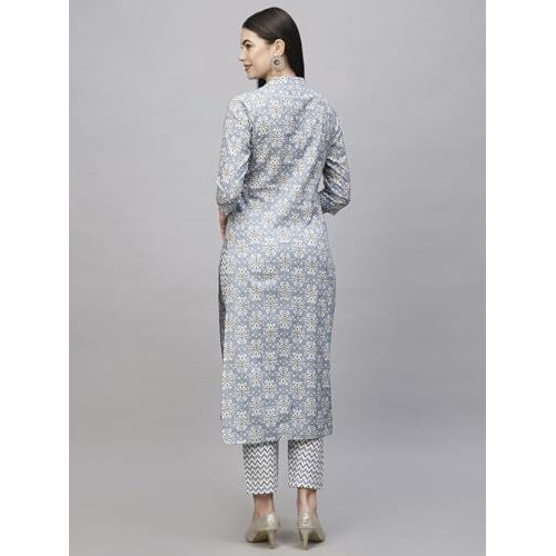 Gosriki Women's Cotton Blend Straight Printed Kurta With Pant (Babita Grey-Nw-Gs_Xl_Grey_X-Large)